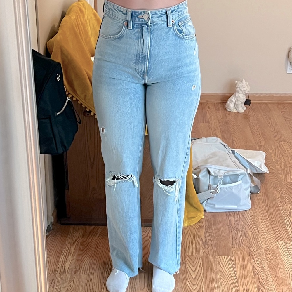 ZARA WIDE LEG FULL LENGTH RIPPED JEANS